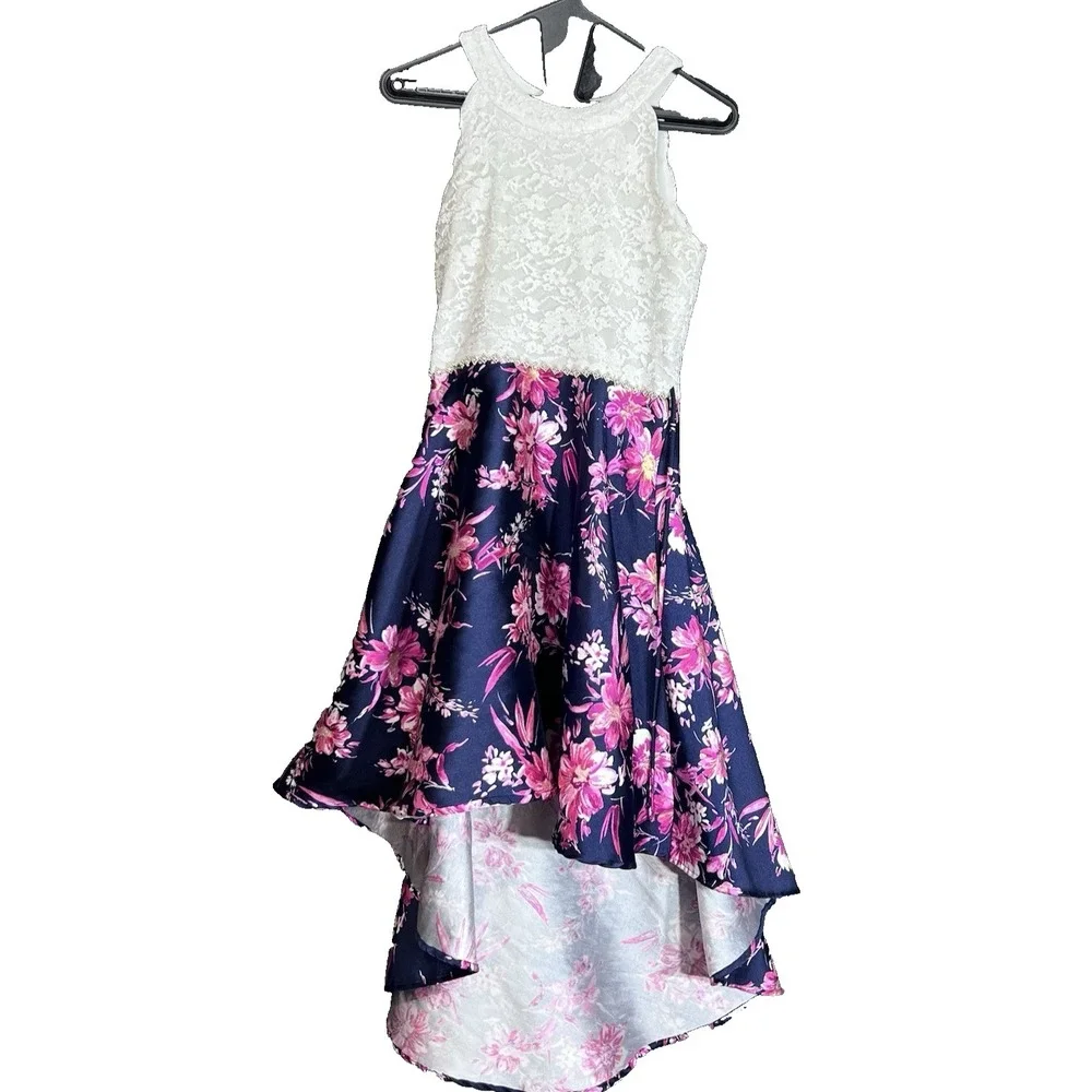 Speechless Kids Girls Size 16 Floral High-Low‎ Formal Dress White Lace Navy Blue